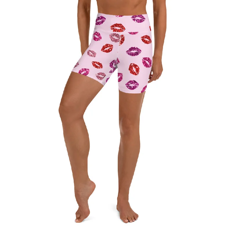 Glitter Print Kisses Yoga Shorts Sporty Women's Athleisure 
