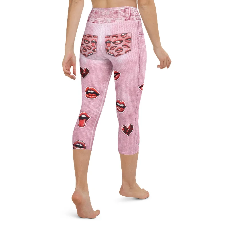Valentine Lips Denim Print Yoga Capris Sleek Women's 