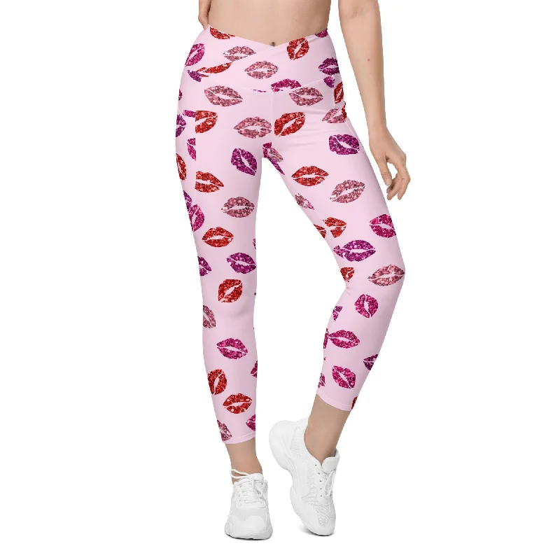 Glitter Print Kisses Crossover Leggings With Pockets Sophisticated Women's 