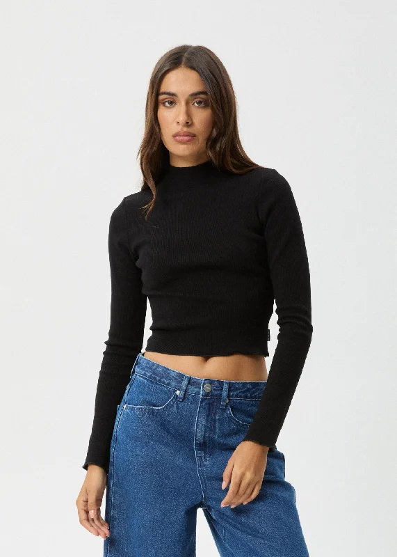 AFENDS Womens Iconic - Long Sleeve Rib Top - Black Classic Women's Pin - striped