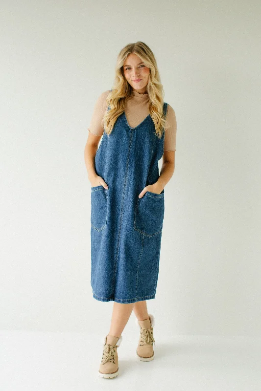 'Ford' Denim Overall Midi Dress in Medium Wash Hip Women's Retro