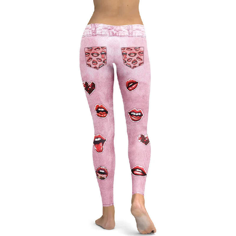 Valentine Lips Denim Print Leggings Cozy Women's Winter