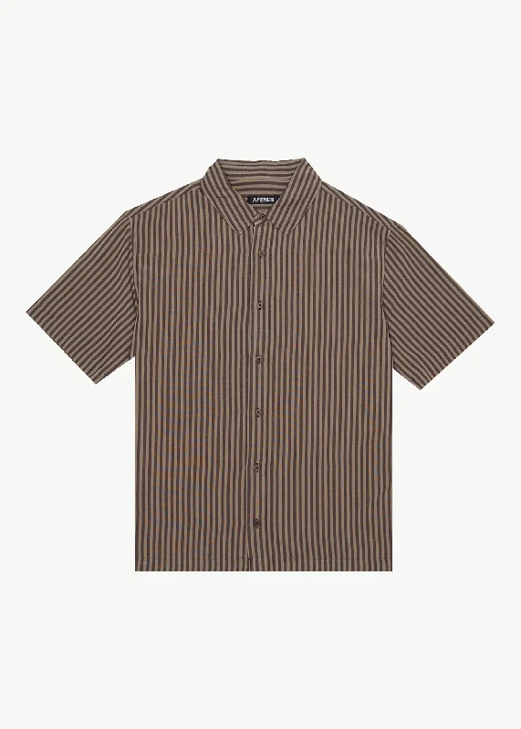 AFENDS Mens Space - Short Sleeve Shirt - Coffee Stripe Monochromatic All - in - one