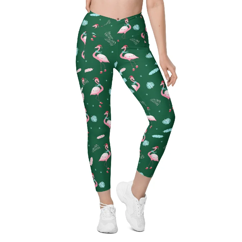 Christmassy Flamingos Crossover Leggings With Pockets French