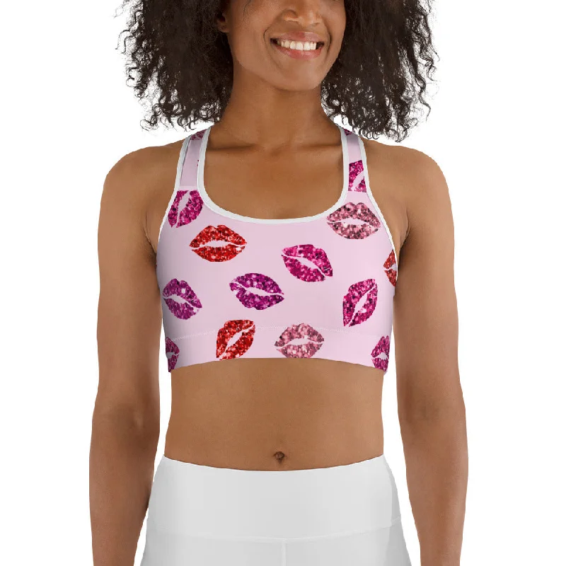 Glitter Print Kisses Sports Bra Edgy Women's Punk