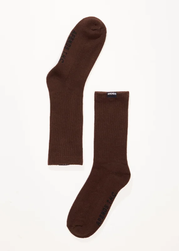 AFENDS Mens Everyday - Ribbed Crew Socks - Coffee Geometric