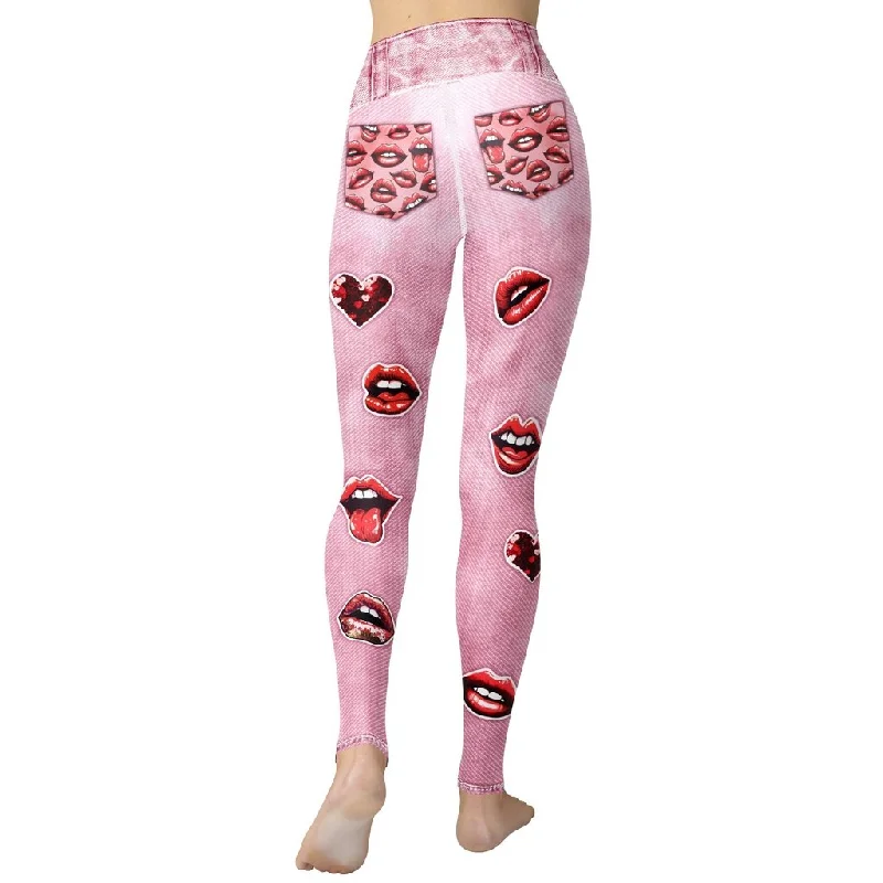 Valentine Lips Denim Print Yoga Leggings Hip Women's Urban