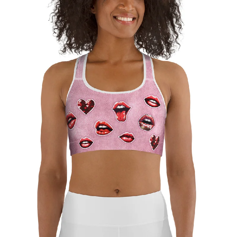 Valentine Lips Denim Print Sports Bra Contemporary 