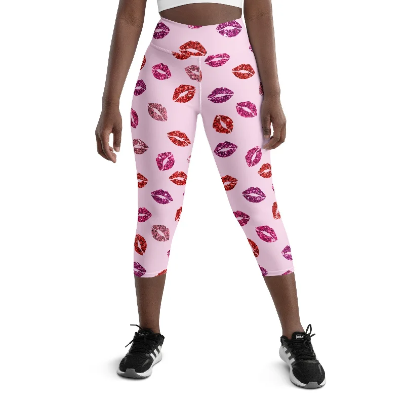 Glitter Print Kisses Yoga Capris Casual Women's Japanese 
