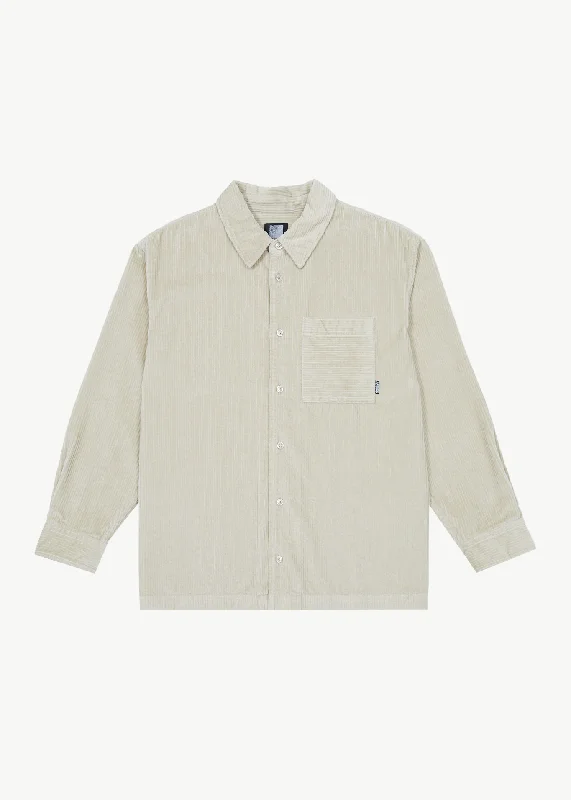 AFENDS Mens Paradise - Corduroy Long Sleeve Shirt - Dark Ecru Cashmere