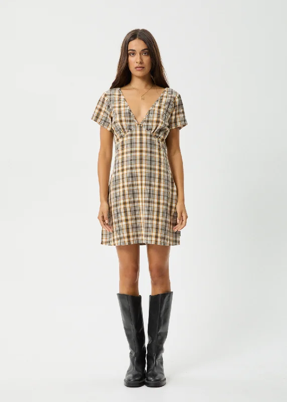 AFENDS Womens Check Out - Tea Dress - Moonbeam Check Dapper Women's Bow - adorned