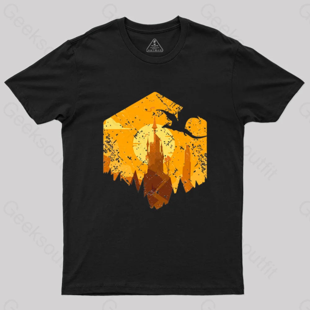 Dragon Flying Over Tall Castle Sunset T-Shirt Adventure