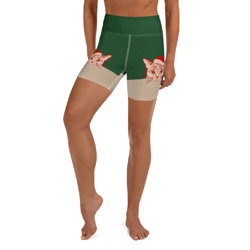 Santa Cat Yoga Shorts Cool Women's Distressed