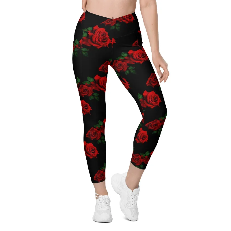 Red Roses Crossover Leggings With Pockets Youthful Women's Pop