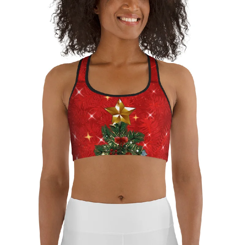 Sparkly Print Christmas Tree Sports Bra Artistic Women's Hand - painted