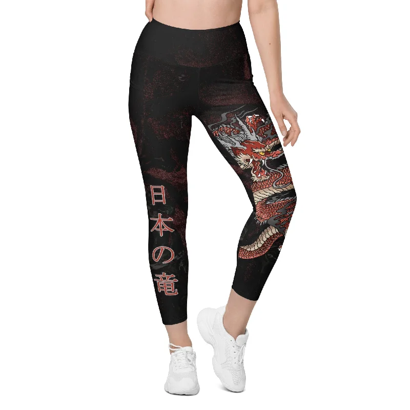 Japanese Dragon Leggings With Pockets Feminine Women's Style 