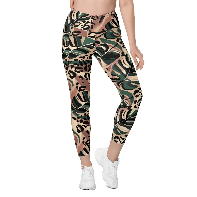 Tropical Leopard Crossover Leggings With Pockets Bold Women's Animal Print