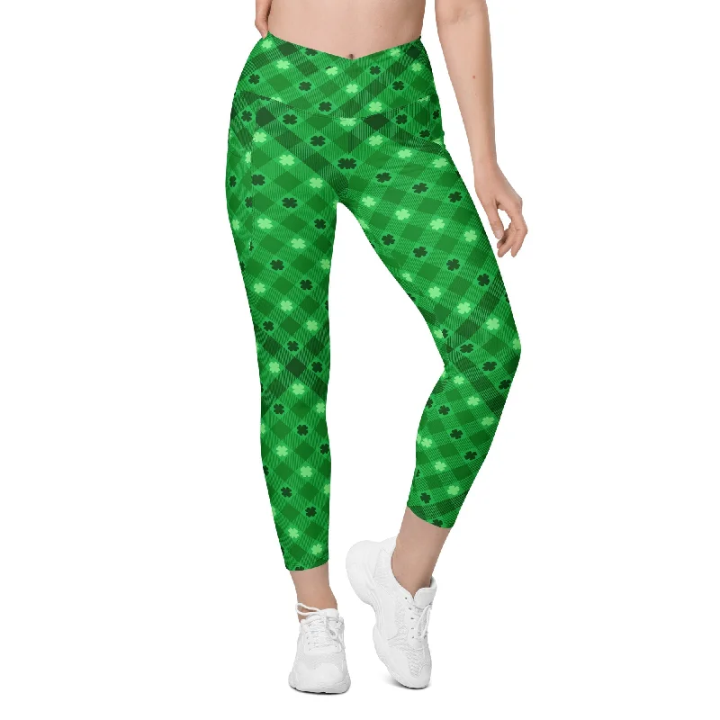 St. Patrick's Day Plaid Crossover Leggings With Pockets Disco