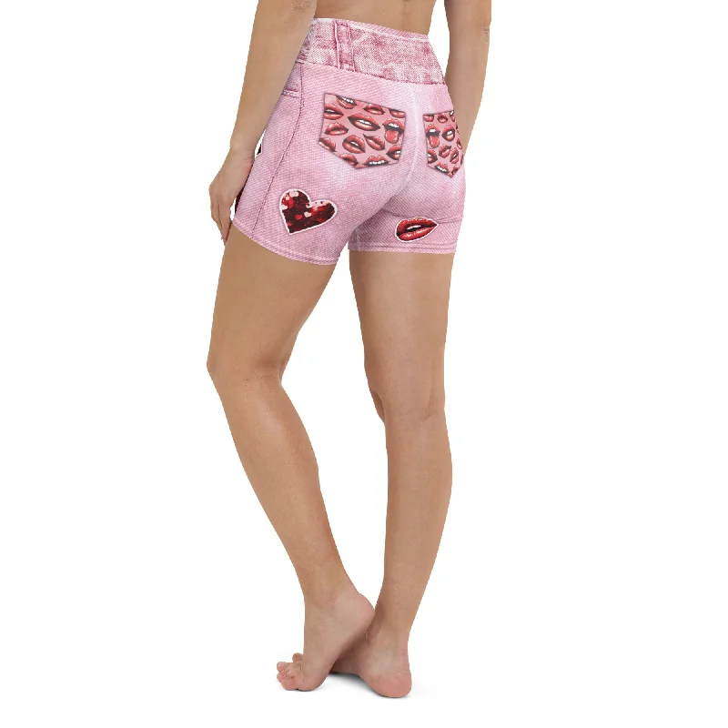 Valentine Lips Denim Print Yoga Shorts Dynamic Women's Moto