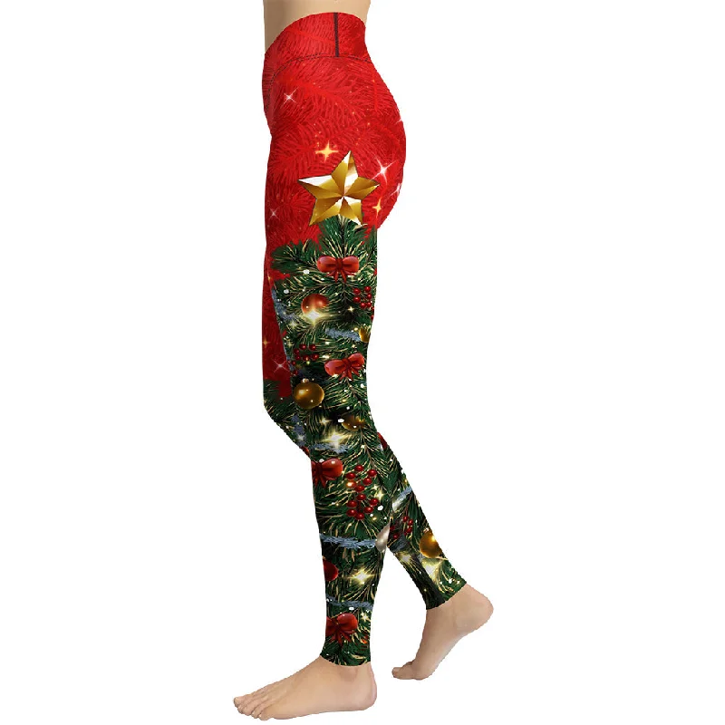Sparkly Print Christmas Tree Yoga Leggings Classic Women's Pin - striped