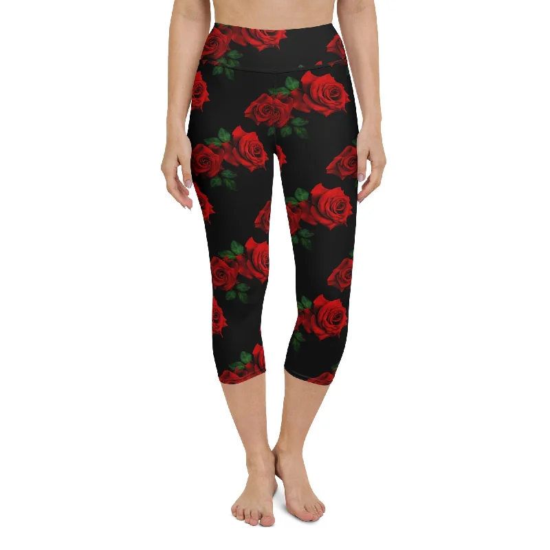 Red Roses Yoga Capris Practical Women's Multi - 