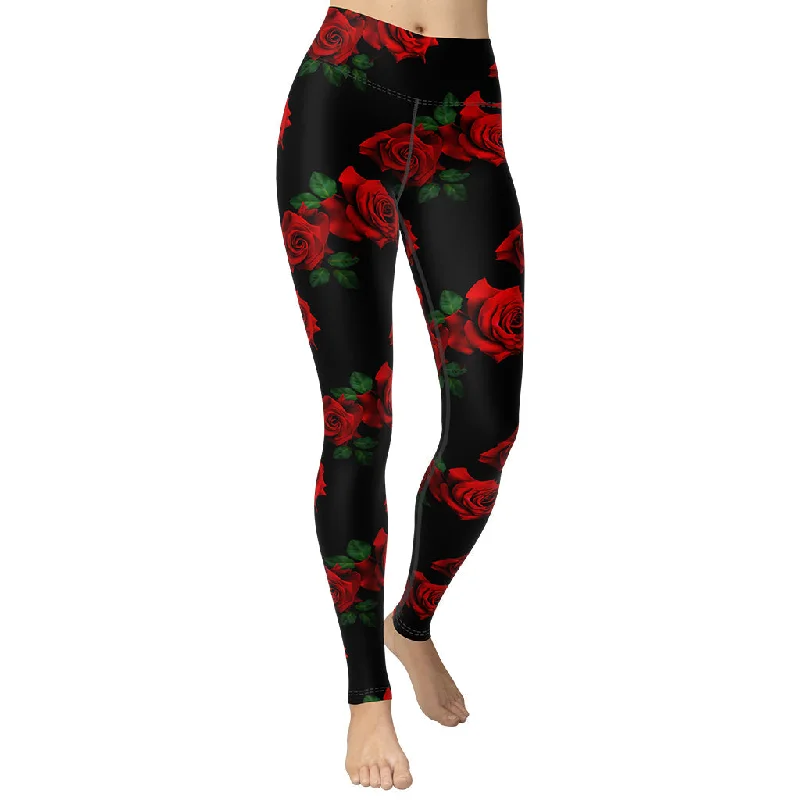 Red Roses Yoga Leggings Unique Women's Upcycled