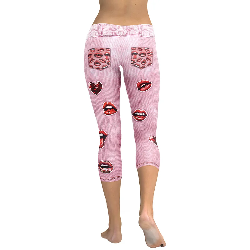 Valentine Lips Denim Print Capris Bold Women's Statement