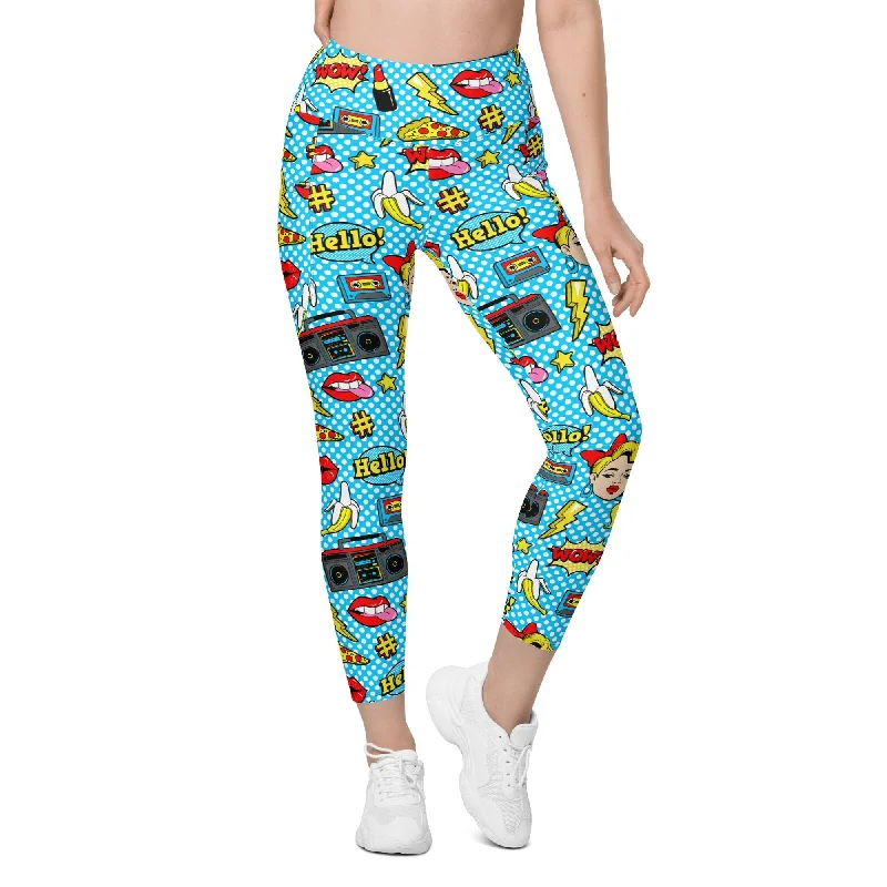 Blue Pop Art Pattern Leggings With Pockets Classic Women's Pin - striped