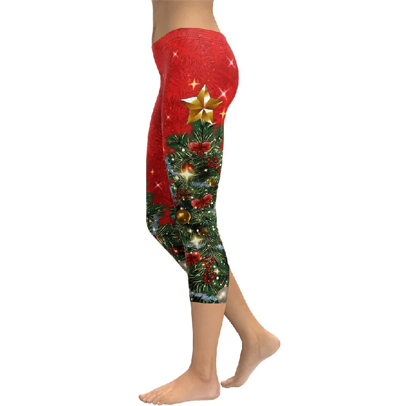 Sparkly Print Christmas Tree Capris Modern Women's 