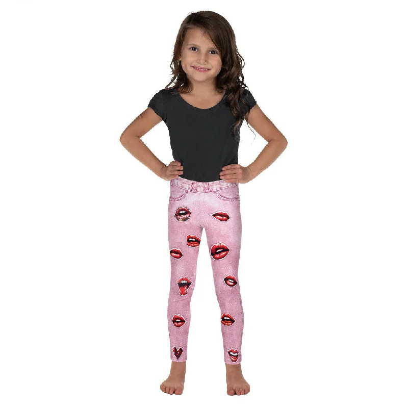Valentine Lips Denim Print Kid's Leggings Monochromatic Office Style