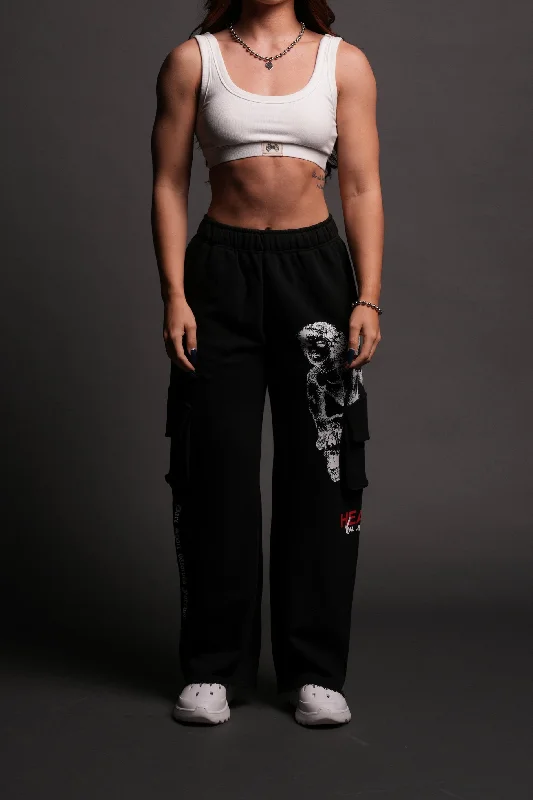 Guardian Cherub She Big Cozy Cargo Sweats in Black Artistic Women's Hand - painted