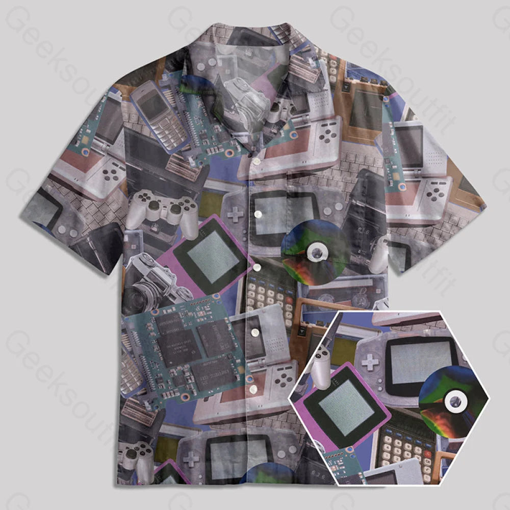 Retro Gaming Consoles And Tech Gadgets Button Up Pocket Shirt Dapper Women's 1920S