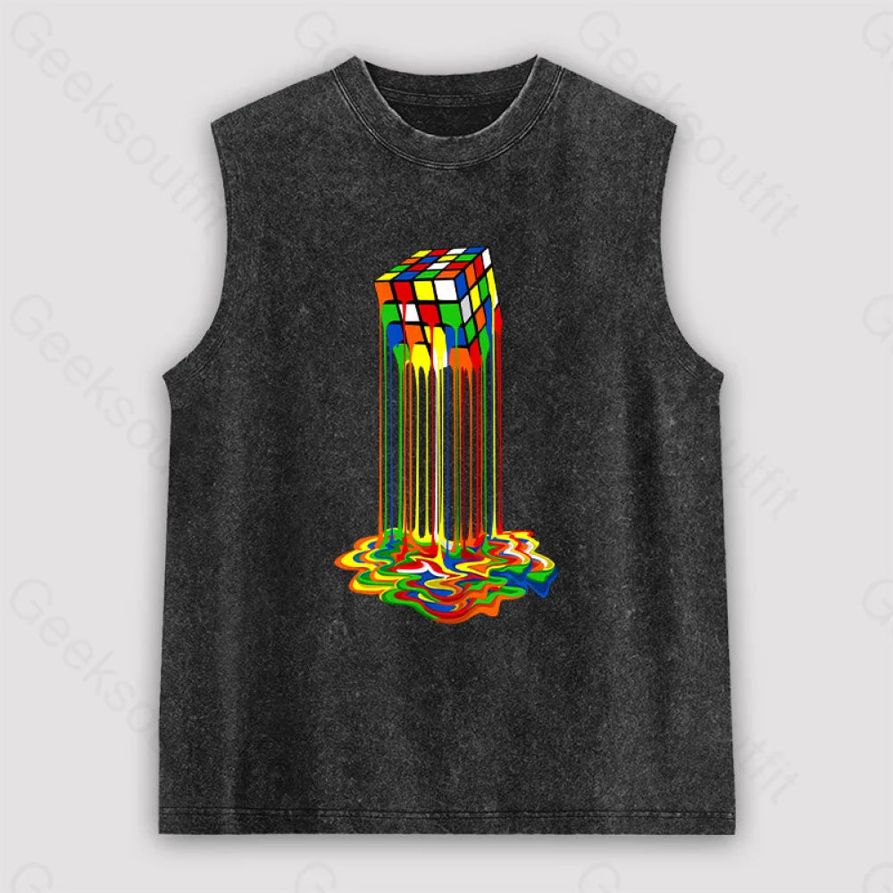 Rainbow Abstraction melted rubix cube Unisex Washed Tank Monochromatic Office Style