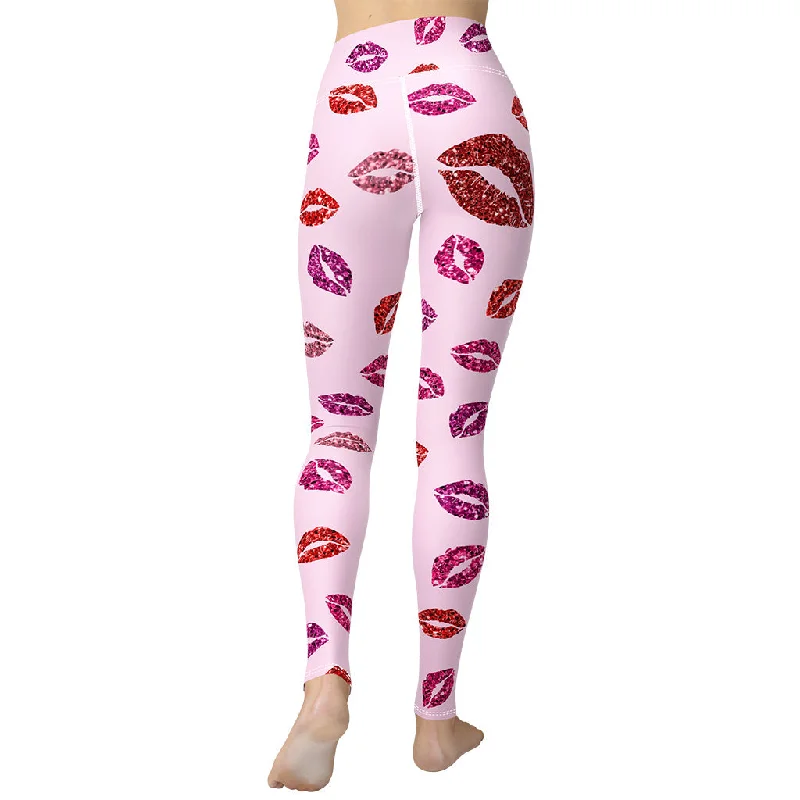 Glitter Print Kisses Yoga Leggings Feminine Women's Style 