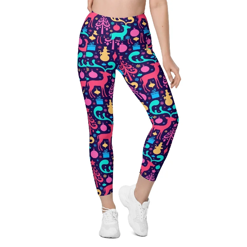 Colorful Christmas Leggings With Pockets Rugged Women's Outdoor 