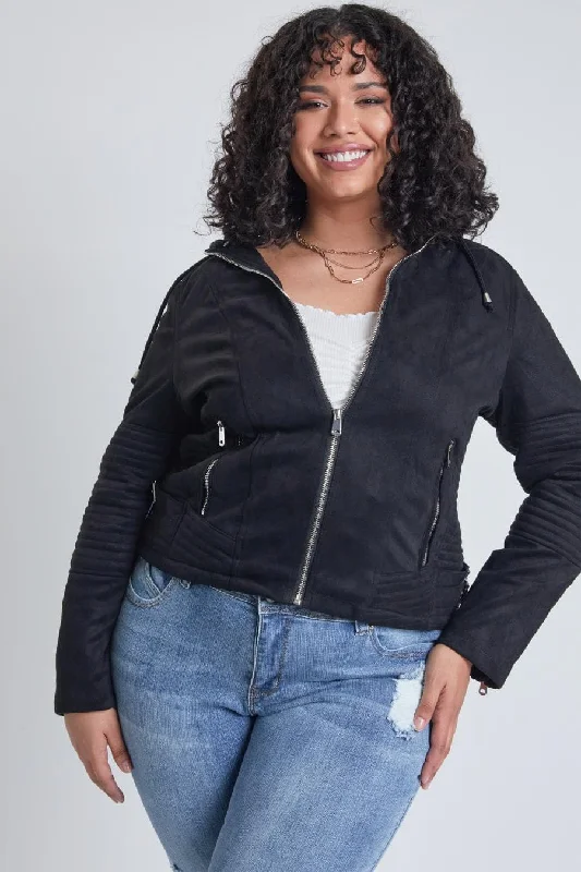 Women's Plus Faux Suede Jacket with Detachable Hoodie Dapper Women's Bow - adorned