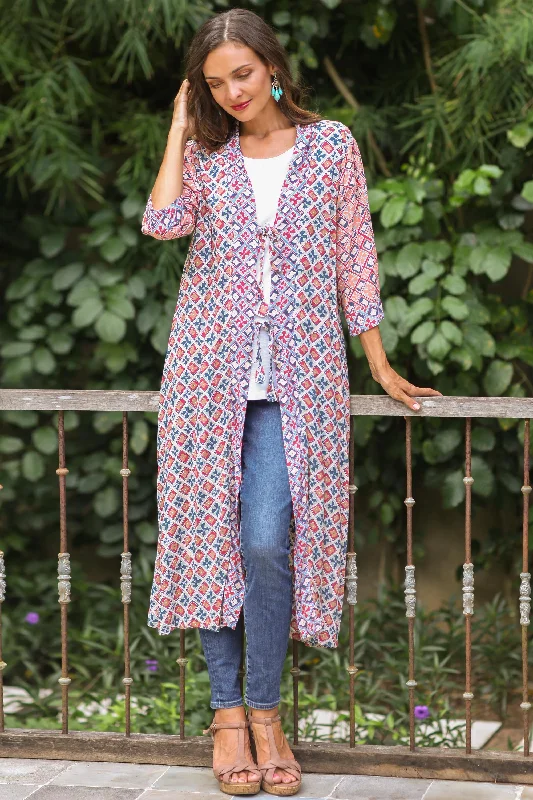 Kelud Crisscross Chili and Azure Printed Rayon Long Kimono from Bali Cozy Women's Winter