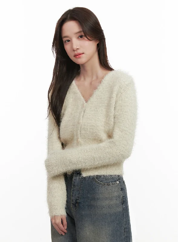 Fuzzy V-Neck Buttoned Crop Cardigan IJ510 Artistic Women's Hand - painted