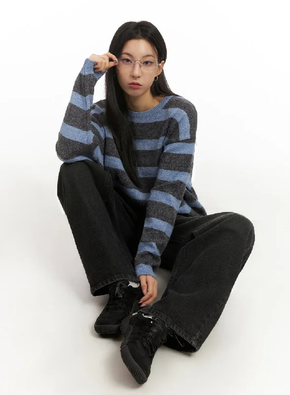Striped Knitted Sweater IJ503 Cool Women's Distressed