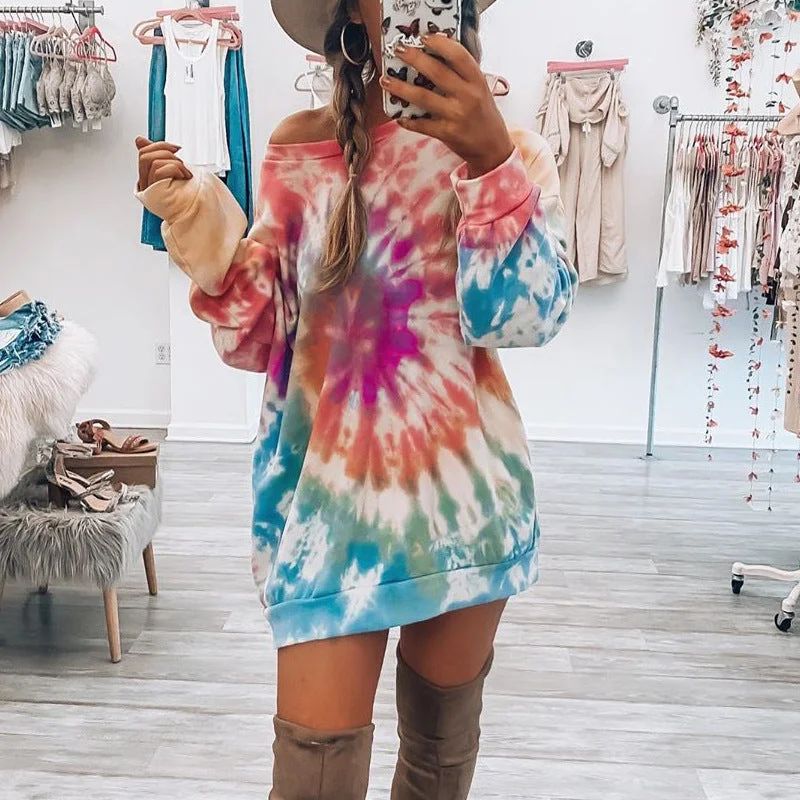 Womens tie dye printed gradient ladies long sleeved hoodie sweatshirt Street