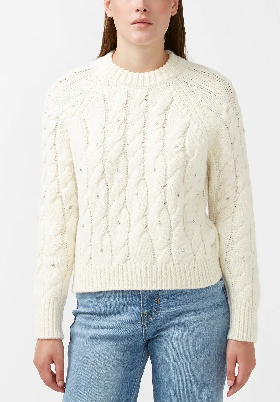 Magari Women's Long Sleeve Crewneck Cable Sweater in Ivory - SW0030H European