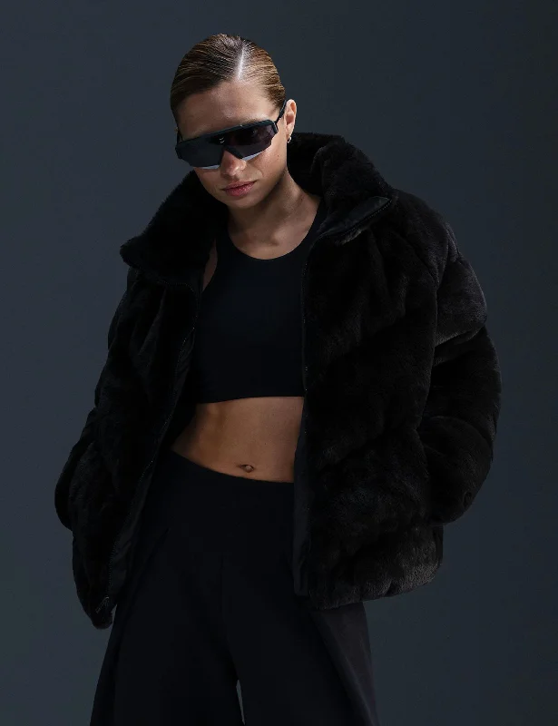 Sportswear Windpuffer Loose Faux Fur Jacket - Black/White Disco