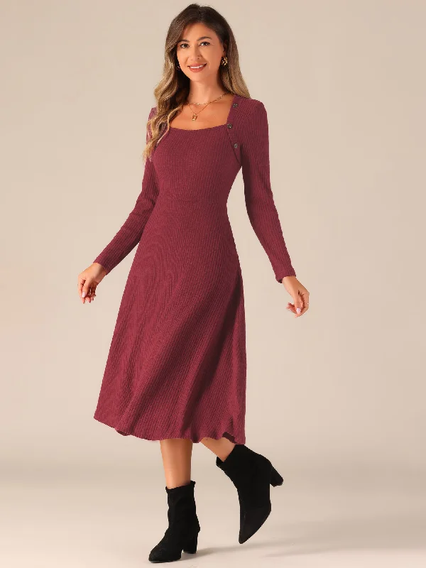 Casual Square Neck A-Line Pockets Midi Knitted Sweater Dress Laid - back Women's Vibe Casual Square Neck A-Line Pockets Midi Knitted Sweater Dress Laid - back Women's Vibe