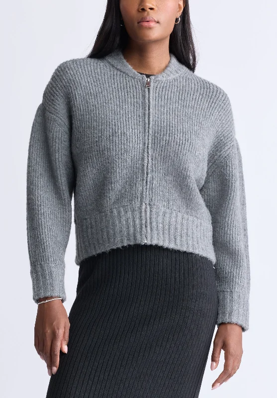 Rudie Women's Ribbed Knit Zip-Up Cardigan, Grey - SW0097H Classic Women's Pin - striped Rudie Women's Ribbed Knit Zip-Up Cardigan, Grey - SW0097H Classic Women's Pin - striped