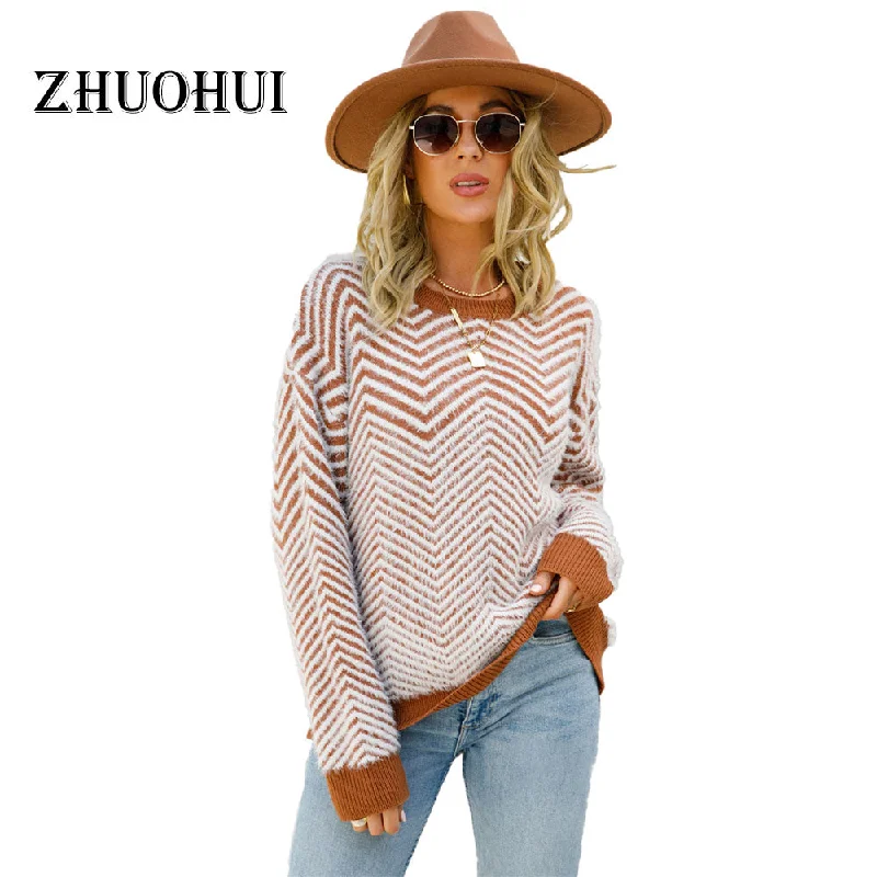 Autumn Winter Casual Round Collar Patchwork Pullover Knitting Tops Women Plain Sweater Sporty Women's Tennis