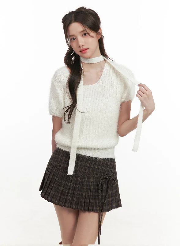 Cozy Knit Short-Sleeve Sweater with Scarf CJ514 Refined Women's Hand - crafted
