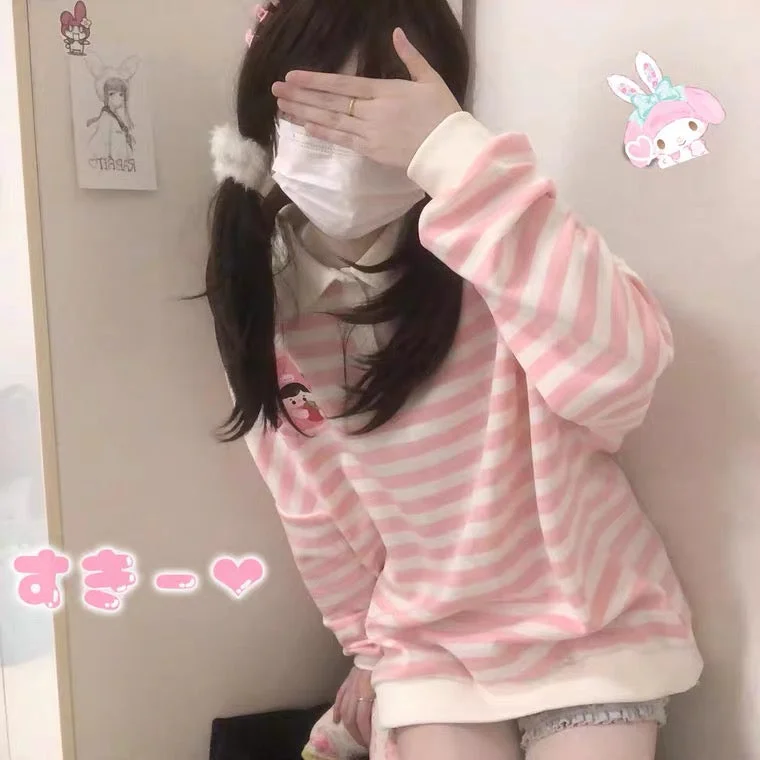 Japanese cute pink white striped sweatshirt BY108 Traditional Women's Wool