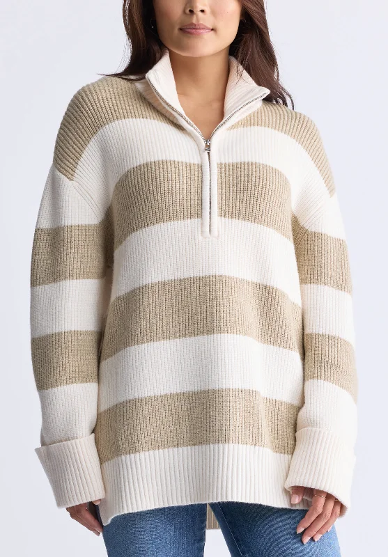 Storme Women's Striped Quarter-zip Oversized Sweater, Tan & White - SW0089H Preppy Women's College Storme Women's Striped Quarter-zip Oversized Sweater, Tan & White - SW0089H Preppy Women's College