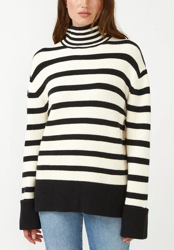Drew Women's Funnel Neck Sweater in Black & White Stripe - SW0020F Elegant Women's Formal Drew Women's Funnel Neck Sweater in Black & White Stripe - SW0020F Elegant Women's Formal
