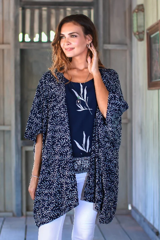 Many Leaves Batik Rayon Kimono Jacket in Midnight and White from Bali Sophisticated Women's Tailored